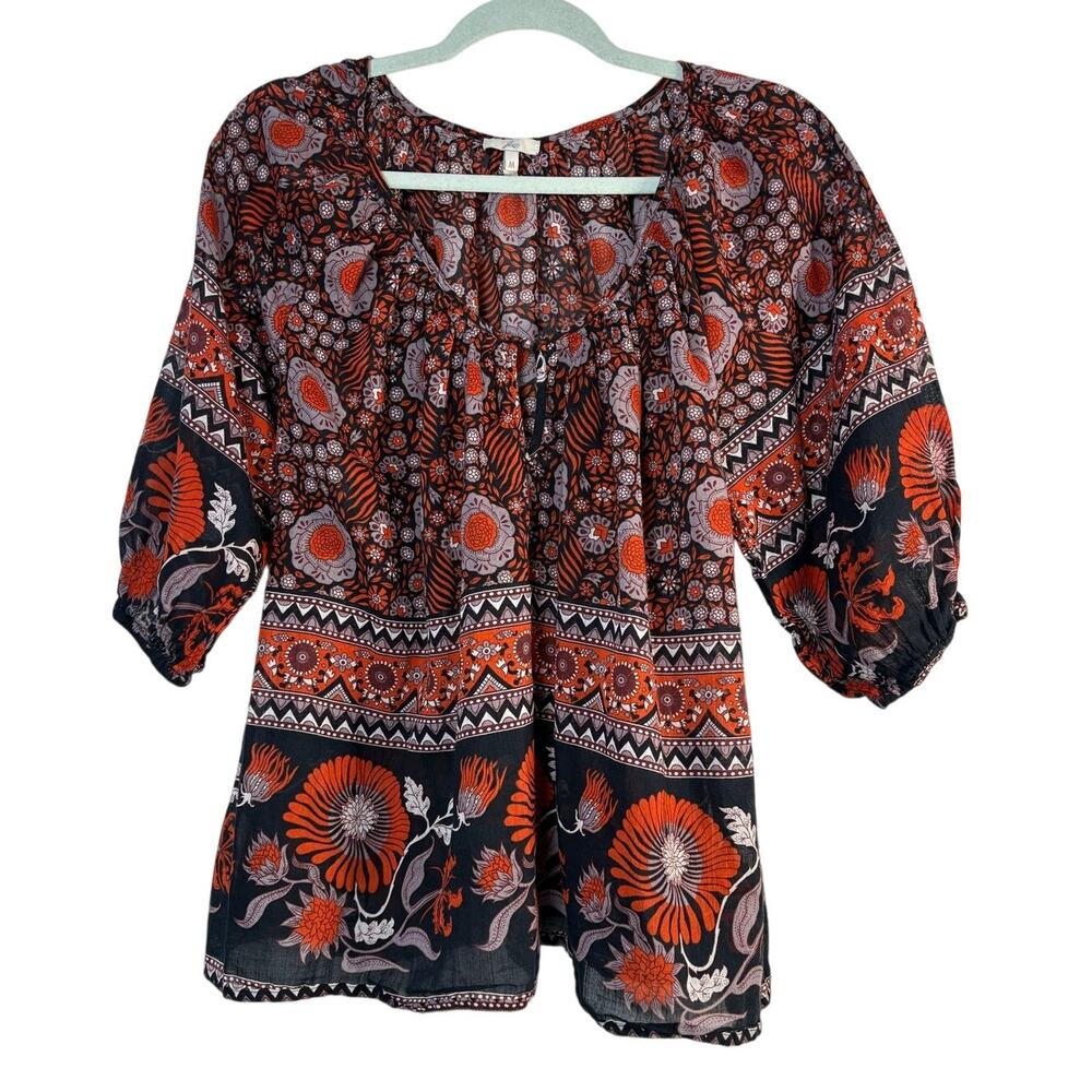 Joie Nancy Boho Floral Print Cotton Voile Keyhole Peasant Blouse Top Orange M